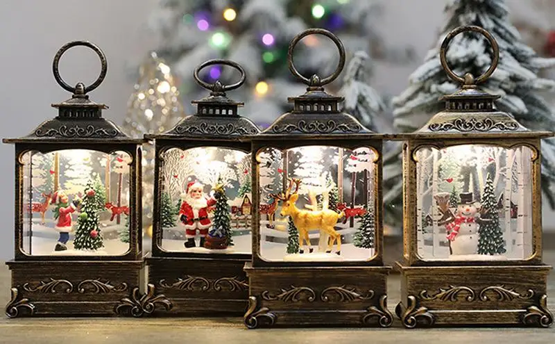 Lighted Christmas Snow Globe Lantern Battery Operated Rotating LED Night Light Christmas Tree Lantern Ornaments Festival Gifts