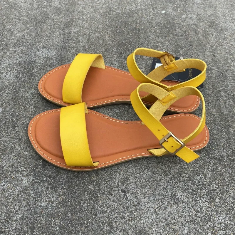 Women Gladiator Sandals Flat with Summer Beach Shoes Woman Retro Solid Round To Comfort Casual Buckle Strap Beach Sandalias