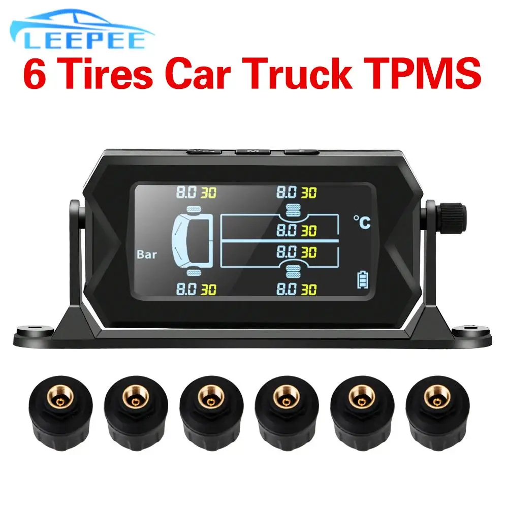 LEEPEE samochód RV Truck TPMS z 6 czujniki zewnętrzne System monitorowania ciśnienia w oponach bezprzewodowy Alarm cyfrowy LCD