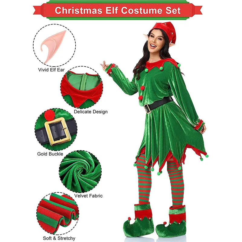 Christmas Santa Claus Costume Women Green Elf Cosplay Dress Adult Belt Hat Elf Ear Suit New Year Xmas Party Outfits