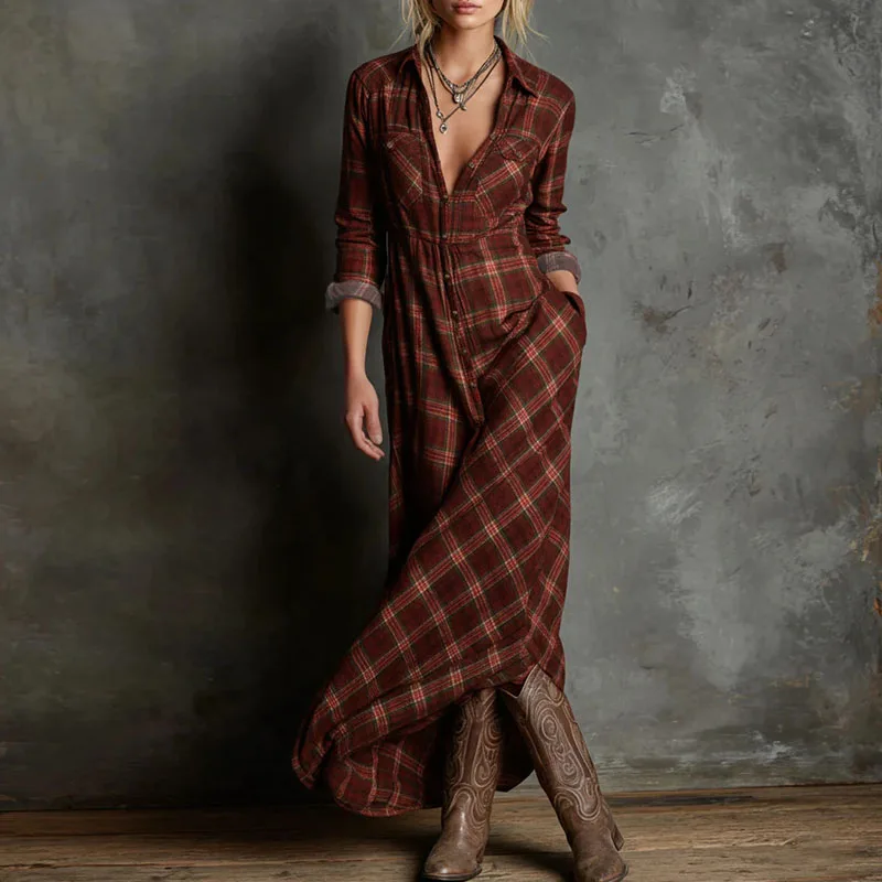 Autumn Fashion Plaid Print Retro Party Dresses Woman Sexy Single Breasted Lapel Shirt Dress Casual Long Sleeve Pocket Boho Dress