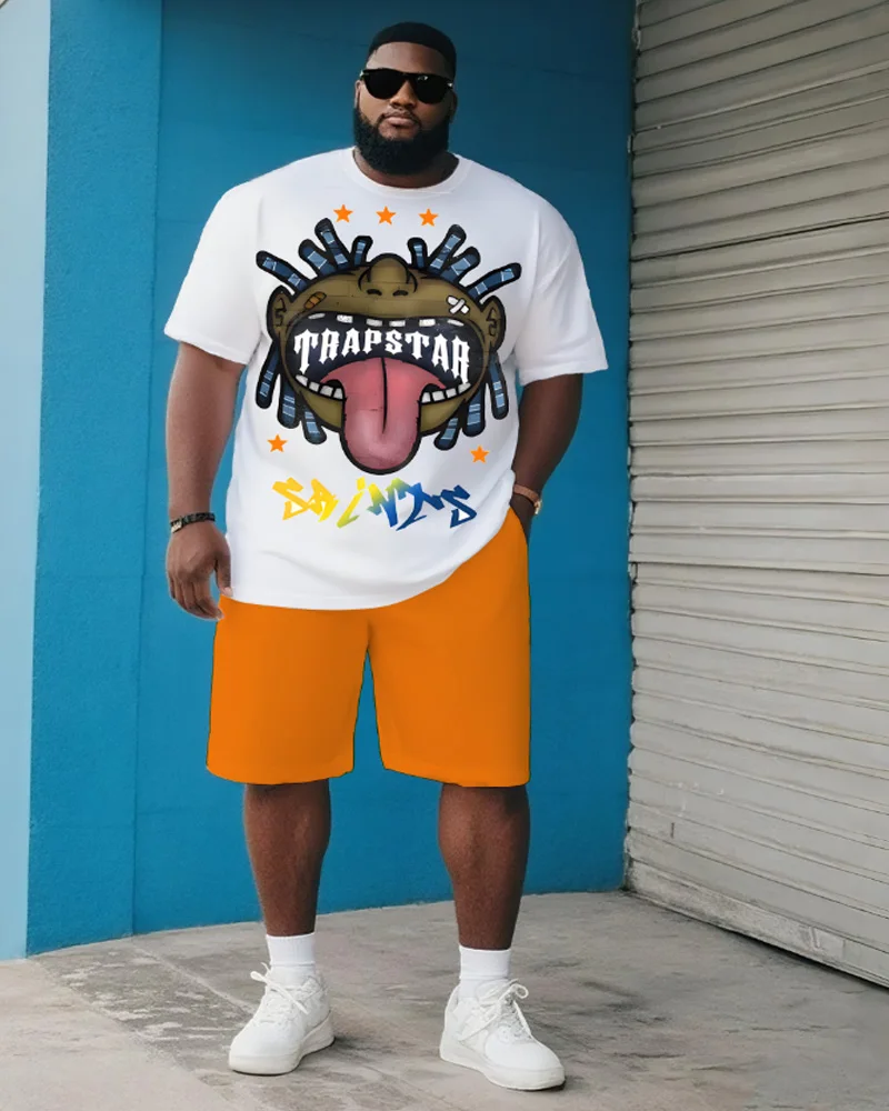 S-9XL Large Size Men's Casual Suit - Hip-Hop Cartoon Street Character Checkerboard Print Short Sleeve T Shirt and Shorts Two Pie