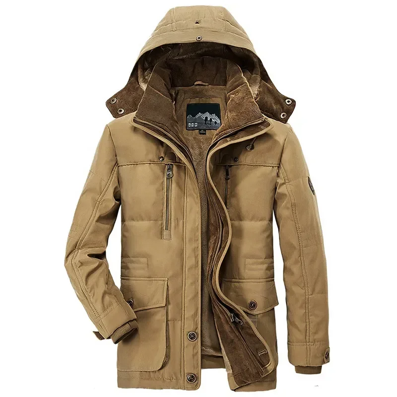 Parka de lana cálida para hombre, chaqueta acolchada gruesa forrada de lana a prueba de viento, abrigo largo Vintage con capucha a la moda, esquí y Camping, invierno, nuevo