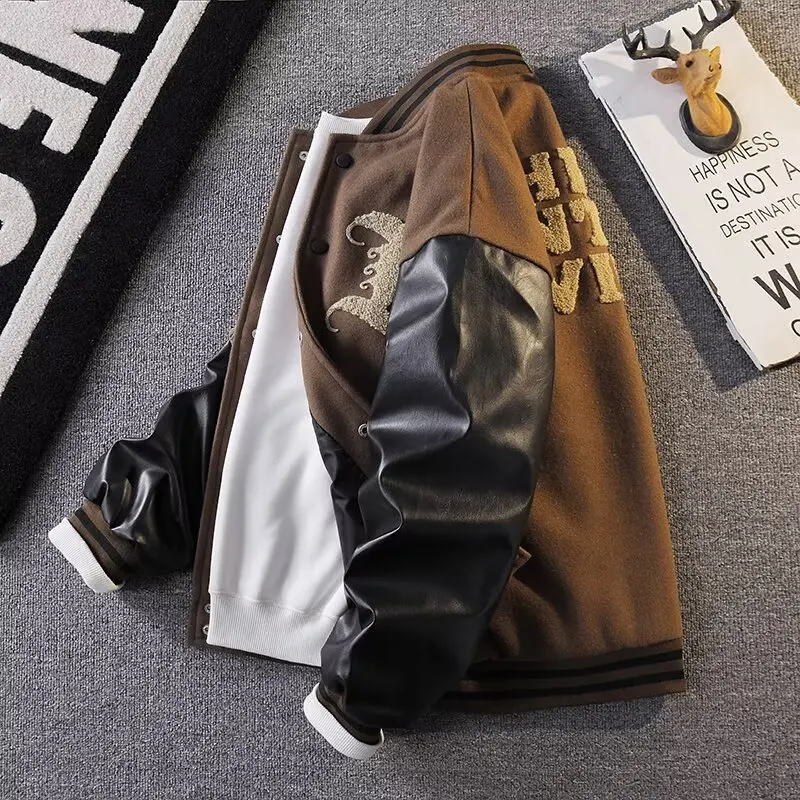 

Casual American High Street Baseball Jaet Men's Loose Fit PU Leather Splicing Spring Autumn Couple's Outerwear