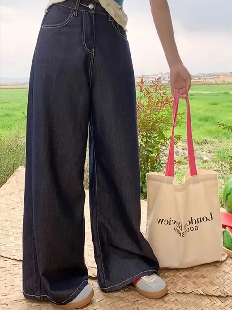 

Синие джинсы в стиле ретро, женские шелковые брюки с высокой талией, свободные узкие широкие брюки, новые летние универсальные брюки