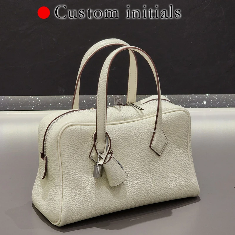 

Custom Initials Natural Cowhide Bowling Bags For Women Luxury Designer Handbags Purses 2025 New In Lock Top Handle Shoulder Bag