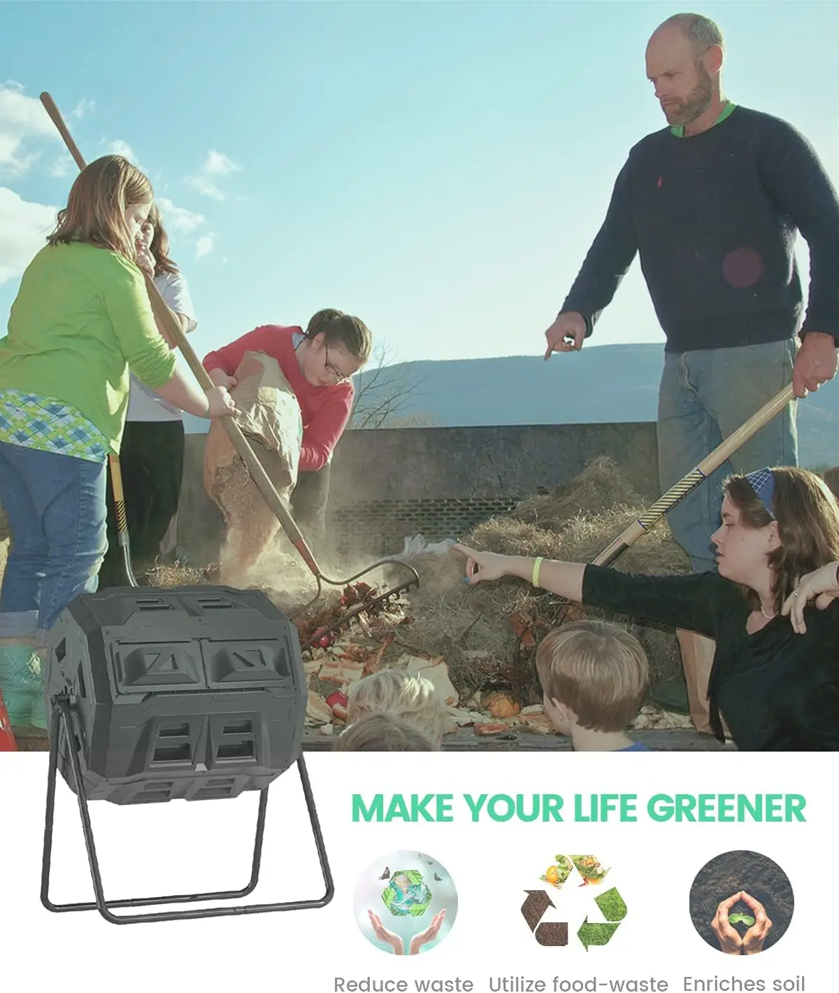 مركب مزدوج الغرفة مطور مع ميزان حرارة، سلة حديقة سوداء سعة 43 جالونًا للسماد الفعال #6