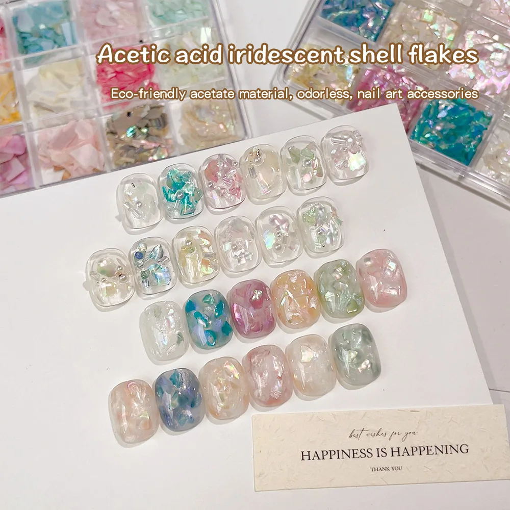 New Irregular Aurora Shell Slices Nail Flakes Natural Abalone Shell Flake Mica 12 Grids Mixed Colors For DIY Nail Art Decoration