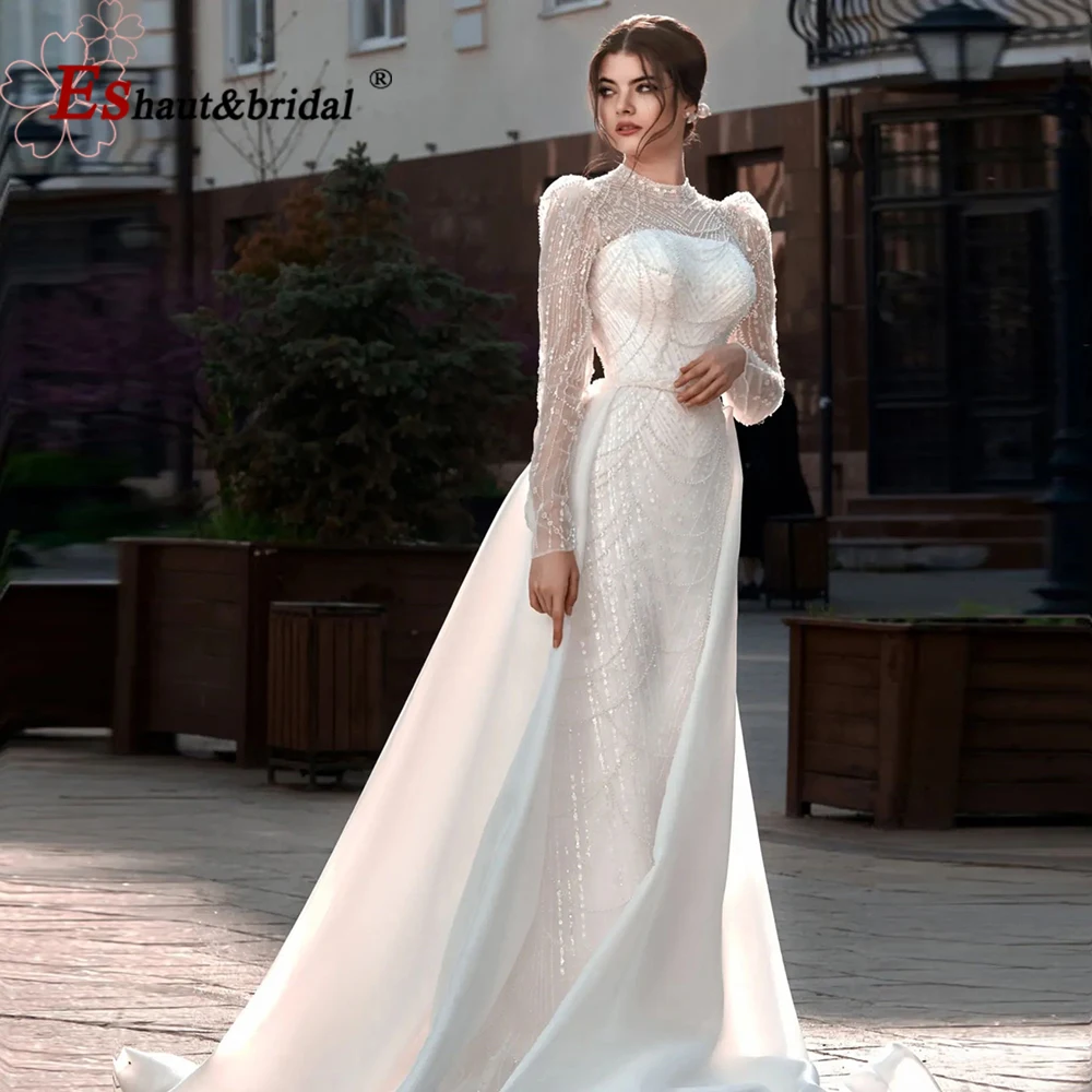 Elegant Wedding Evening Dress for Women 2024 Long Sleeves Mermaid Detachable Train Pearls Formal Prom Party Gowns Customized