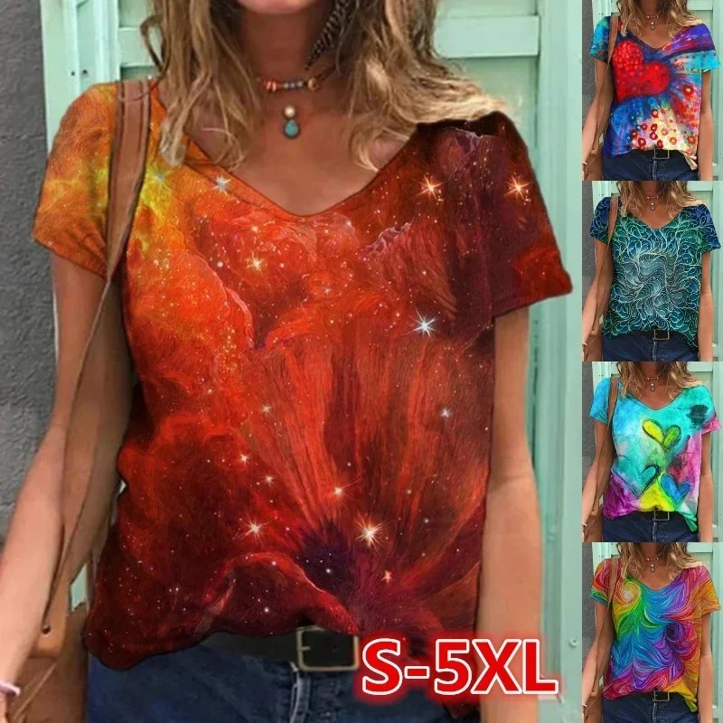 New Summer Women  Printed T-Shirts Fashion Graffiti Pattern Casual Artistic Sense Short Sleeve V-Neck Cotton Tops S-5XL Shirts