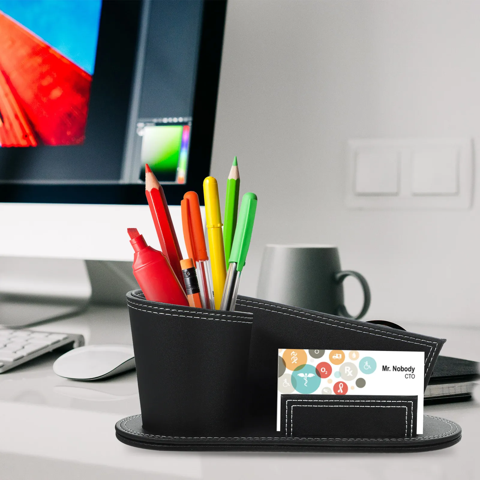 PU Pen Holder Desktop Organizer – Black Sturdy Creative Office Supply for Desk Tidy Storage