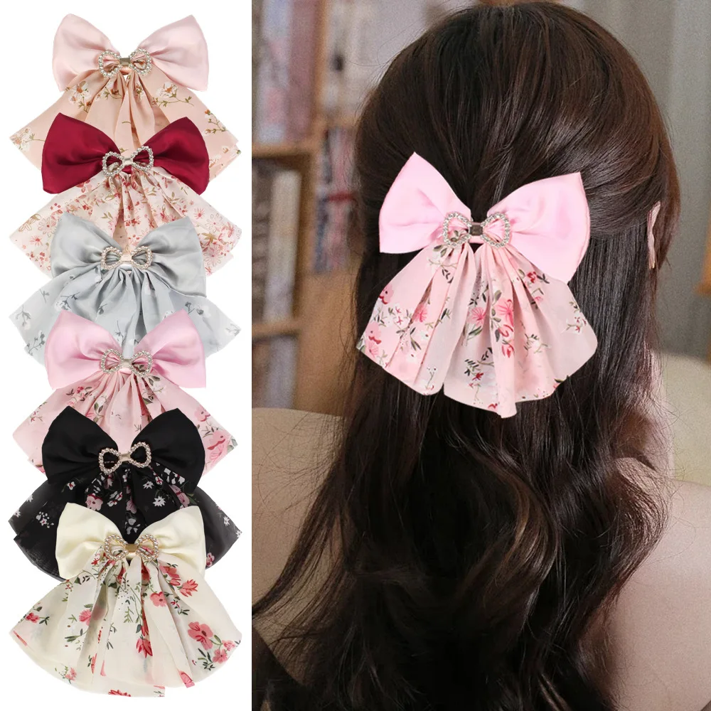 Floral Print Ruffle Layered Pearl Bowknot Hair Grip Graceful Cottagecore Style Vacation Soft Aesthetic Back Head Barrette