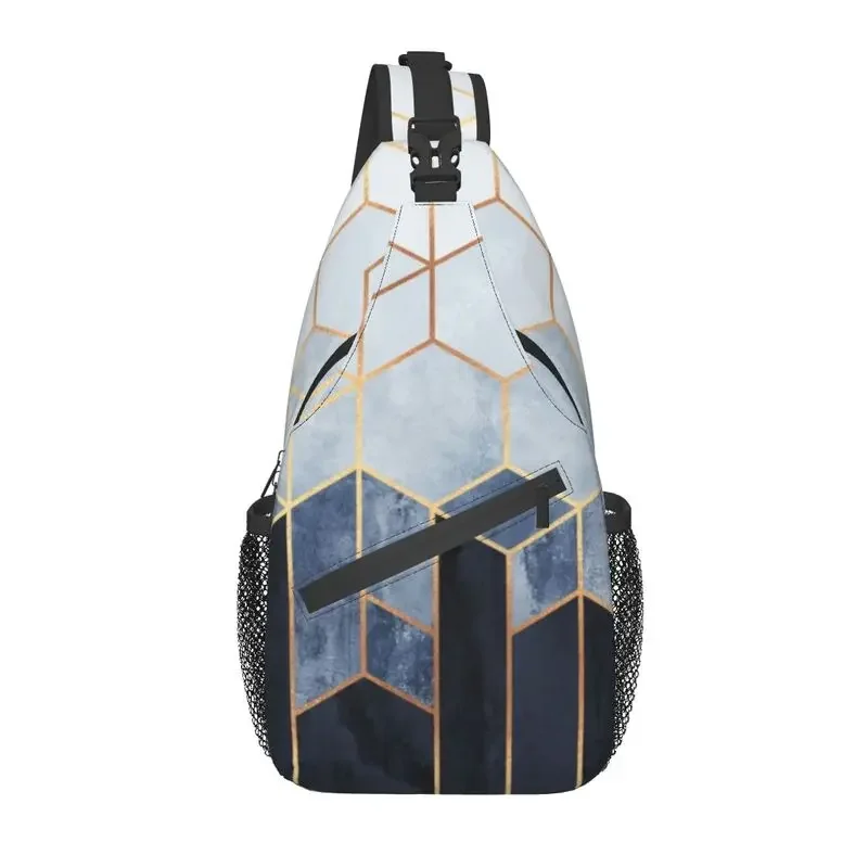 Mochila cruzada con hexágonos azules geométricos para hombre, bolso de hombro con patrón geométrico abstracto para ciclismo, Camping, mochila