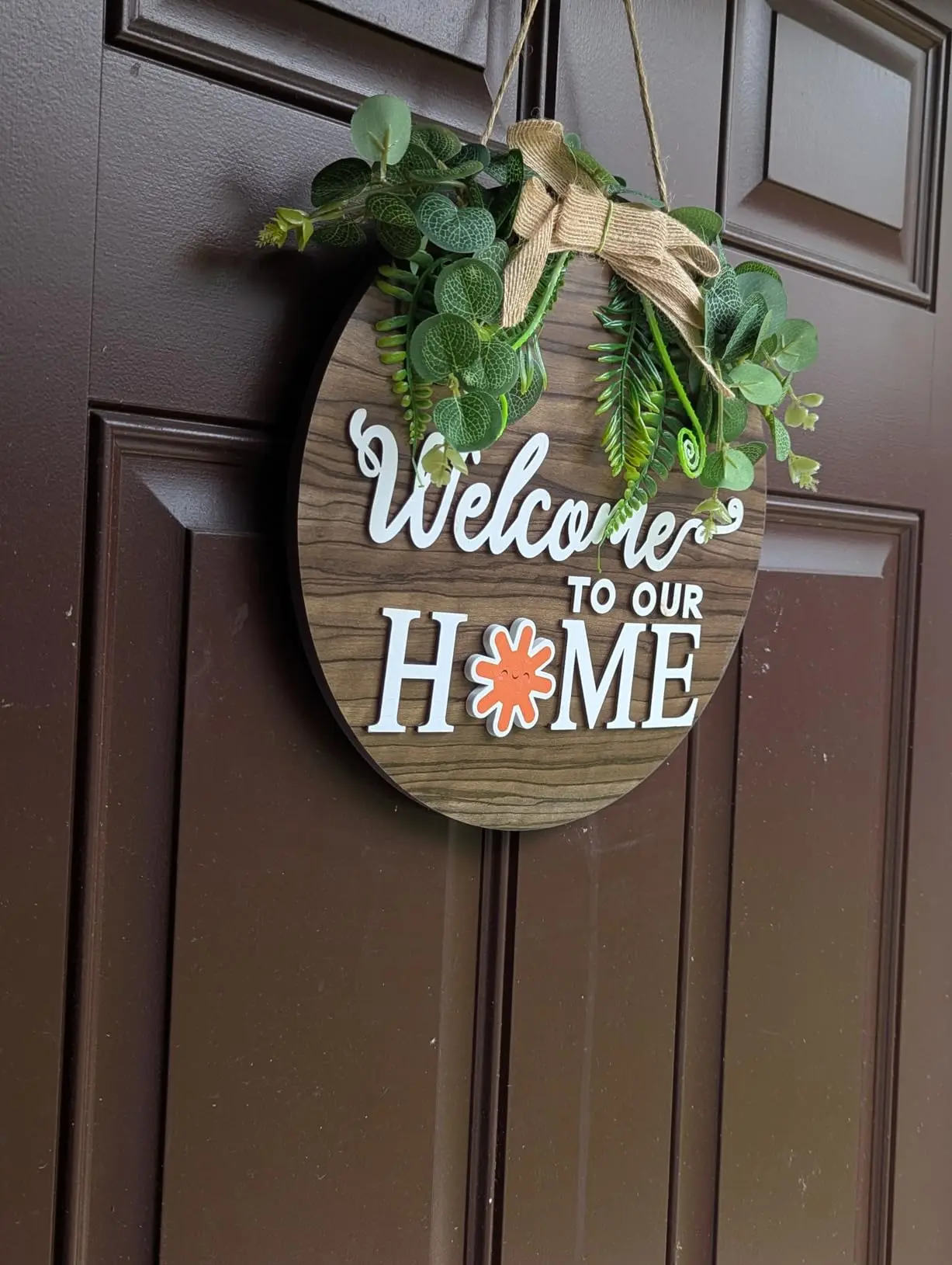 Interchangeable Seasonal Welcome Sign Front Door Decoration, Rustic Round Wood Wreaths Wall Hanging Outdoor, Farmhouse, Porch