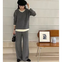 Autumn Winter 2 Pieces Women Sets Knitted Tracksuit Lazy Style Loose Casual Fashion Splicing Sweater Top and Wide Leg Pants Suit