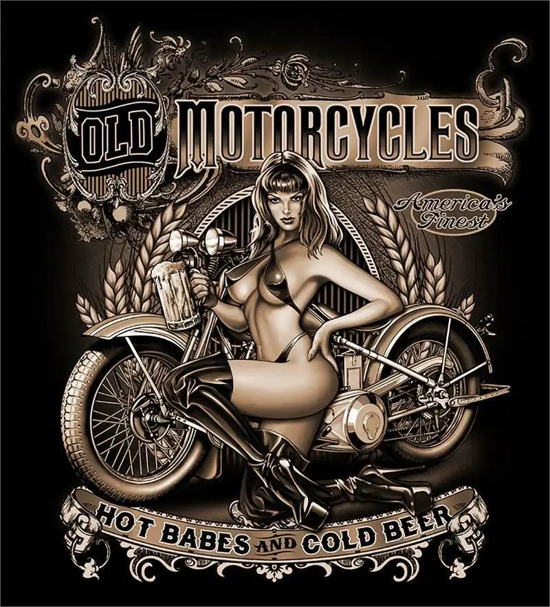 Hot Babes and Cold Beer. Old Motorcycles Motorcyclist gift T Shirt. Short Sleeve 100% Cotton Casual T-shirt Loose Top Size S-3XL