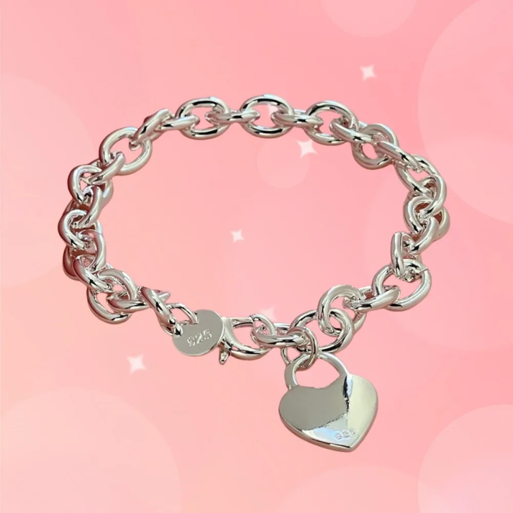 20 سنتيمتر 925 فضة سلسلة سوار على شكل قلب ، الرجال النساء قفل ، هدية الزفاف حفلة خطوبة حلية ، مجوهرات الأزياء