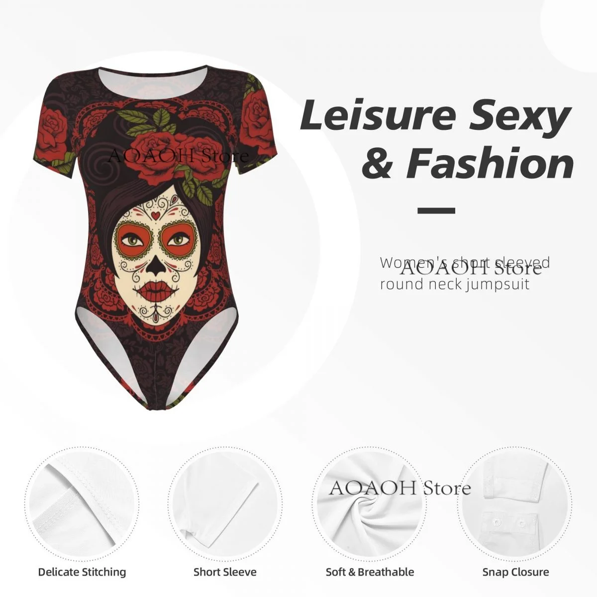 섹시한 여성 점프 슈트 여성 Romper Bodysuit Sleeved Sugar Skull 소녀 여성 의류 꽉 작업복