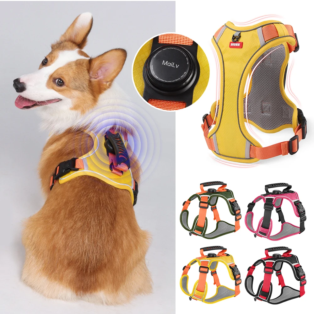 Reflective Dog Harness with Airtag Holder, Escape Proof Anti Lost Pet Vest, Highly Visible Adjustable Safety GPS Tracking