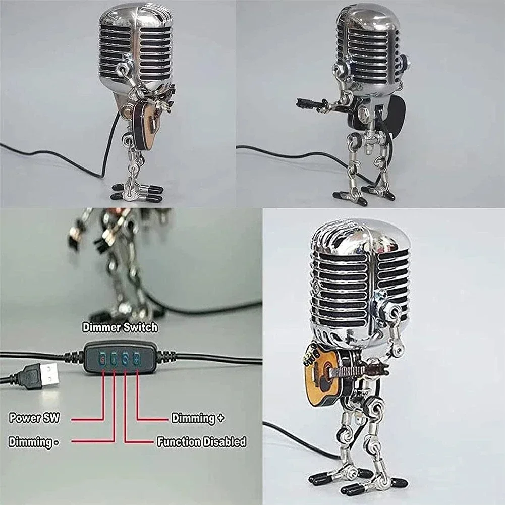 Desktop Lamp Night Light Vintage Metal Microphone Robot Lamp Usb Charging Ornament Home Figurines Decoration for Bars Decor