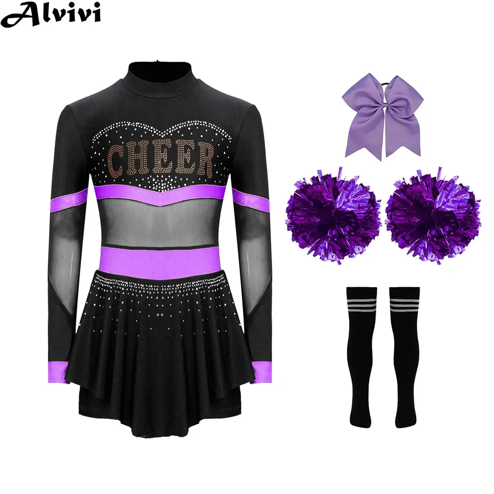 Children Girls Cheerleading Dance Performance Costume Long Sleeve Diamonds Leotard Dress Set School Show Sports Meeting Outfit