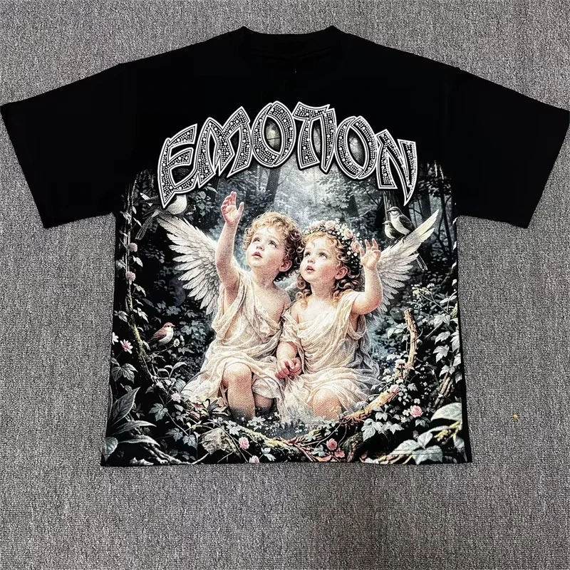 2026 new Street mixed fashion angel print short-sleeved loose round-neck pure cotton T-shirt, suitable for both men and women
