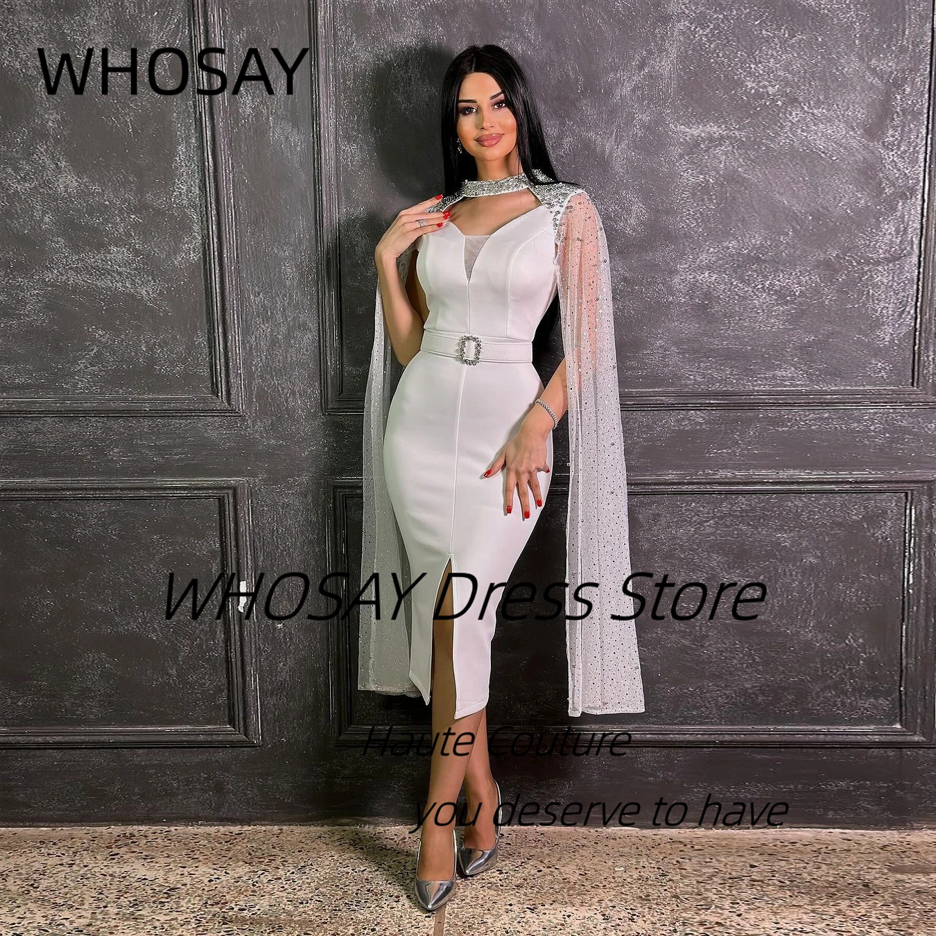 

WHOSAY Front Slit Short Prom Dresses Bead Shinny Long Sleeves Cocktail Dress Tea Length Evening Party Special Occasion Gowns