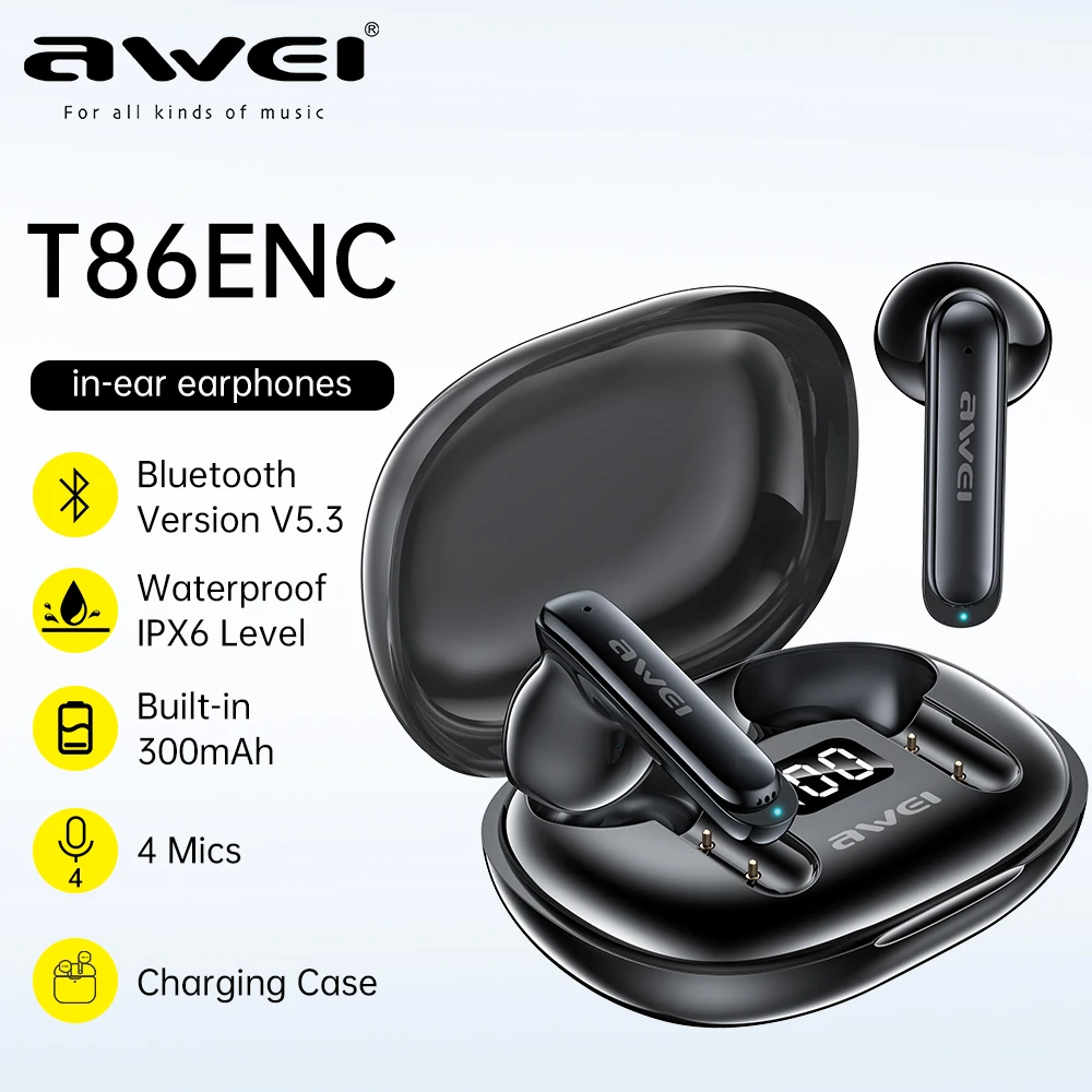 

Awei T86ENC wireless Bluetooth Headset 4 microphone Bluetooth IPX6 strong waterproof Bluetooth headset ENC noise reduction