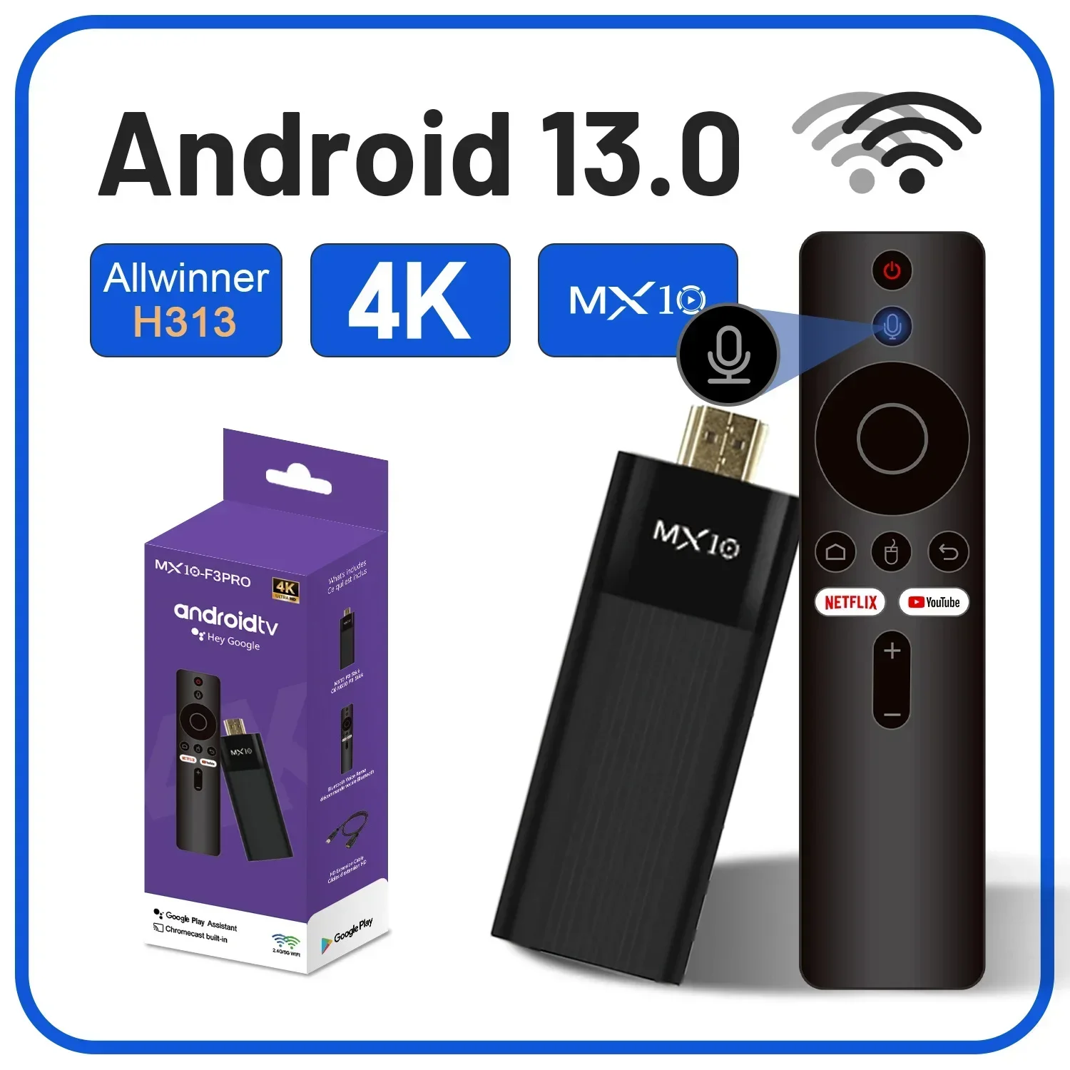 4K Stick TV MX10 F3PRO Allwinner H313 Mali-G31 Android 13 OS Wi-Fi6 double bande 2.4G + 5G + BT5.4 Console TV intégrée