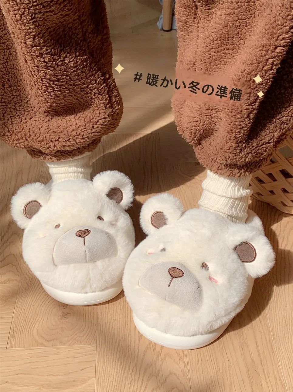 

Милые плюшевые хлопковые тапочки с мишками для женщин, домашние, зимние, теплые, нескользящие, на низком каблуке, парные, для дома