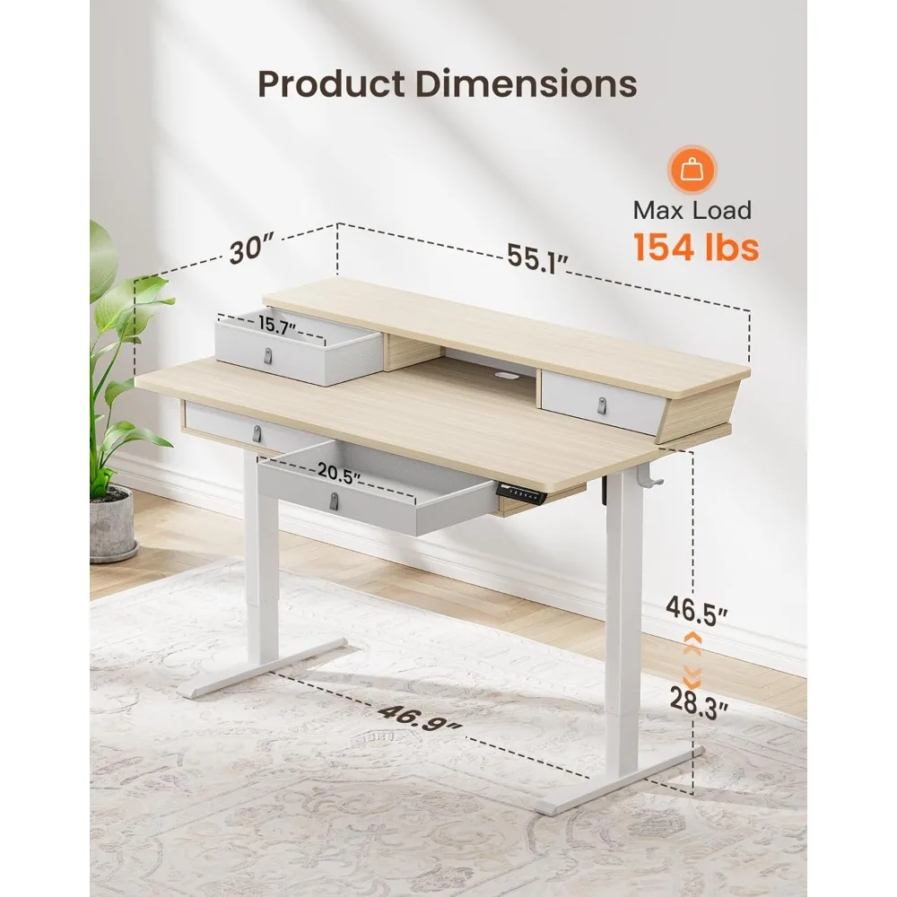 مكتب بارتفاع قابل للتعديل مع 4 أدراج، 55 بوصة × 30 بوصة، مساحة تخزين، متوافق مع مشبك C #3