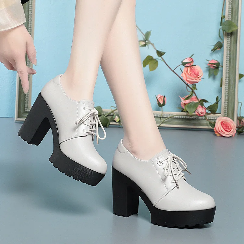 British Style Soft Leather Chunky Platform Shoes 2024 Spring Block High Heels Shoes Women Oxfords For Office Model 9.5 cm