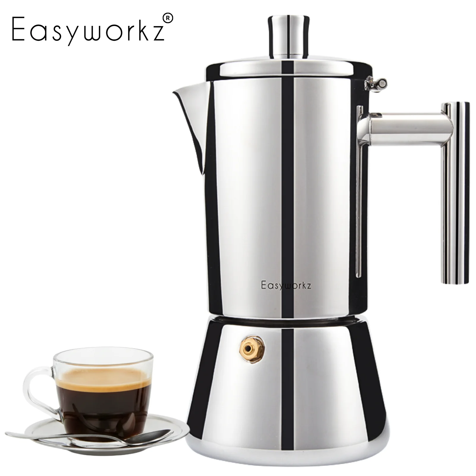 Easyworkz Diego Cafetière Moka en acier inoxydable 304 - Machine à expresso pour cuisinière à induction - 4/6/12 tasses (200/300/520 ml) avec réducteur