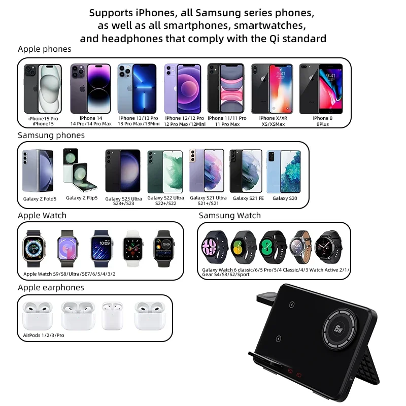 محطة شحن سريع قابلة للطي ، حامل شاحن لاسلكي 4 في 1 ، إضاءة ليلية ليد ، أيفون ، سامسونج ، مجرة ، أبل ، ساعة ، إيربودز 2