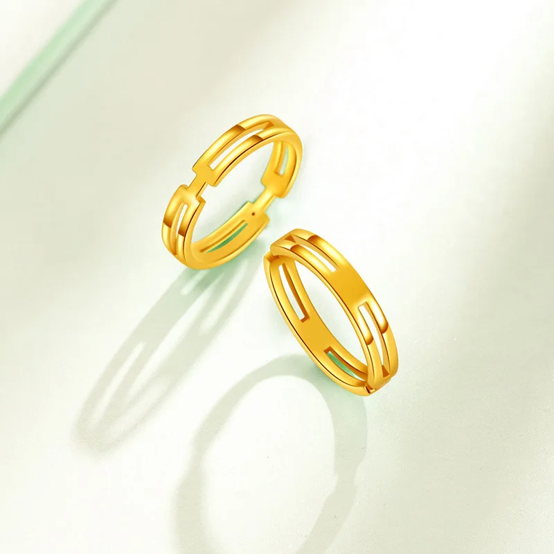 

H letter gold ring AU999 pure gold niche design high-end men and women double-layer ring couple model