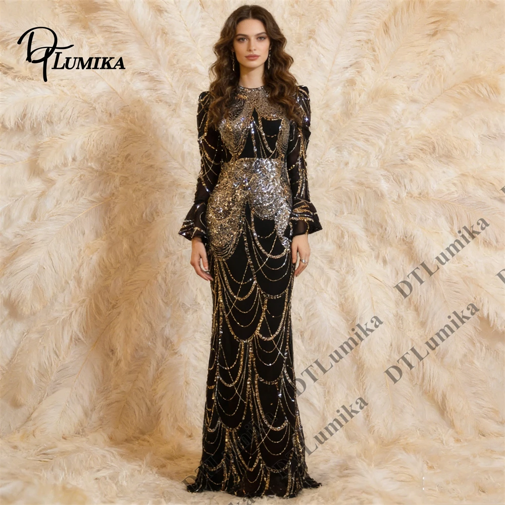 

Sheath Sequined Long Maxi Gown for Women S/M Little Size Full Sleeves Black Gold Party Prom Gown Elegant O Neck Women Cocktail