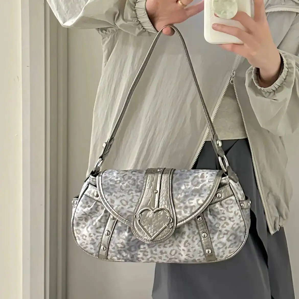 Bloom Leopard Print Y2k Handbag Women Hot Girl Heart Large Capacity Sier Shoulder Bags Purse Ladies Vintage Crossbody Bag