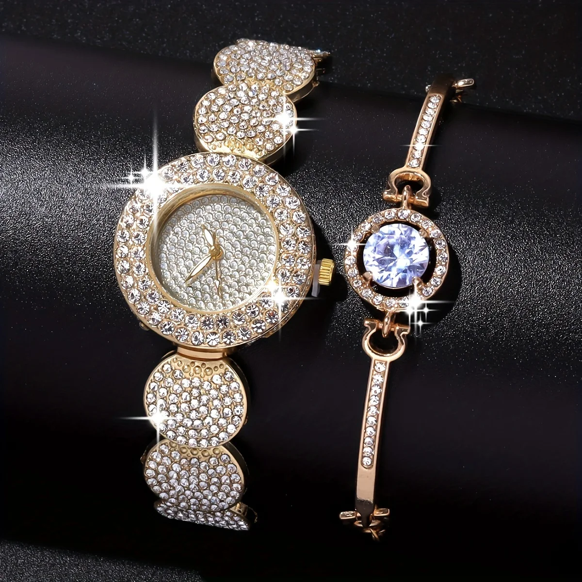 2pcs/set Women\'s Watch Luxury Rhinestone Quartz Bracelet Watch Stainless Steel Bangle Cuff Watch & Bracelet, Gift For Mom Her