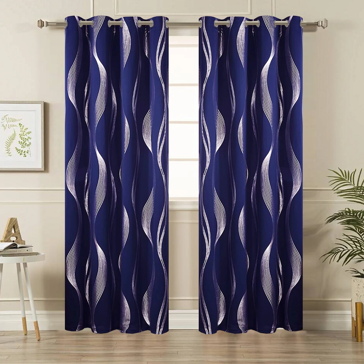 2 PCS Grommet Top Curtains, Silver Wavy Stripe Pattern Curtains, Indoor Sun Shading, Heat Insulation, Bedroom/Home Decoration