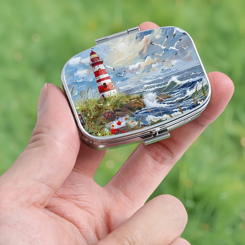 A Square Pill Box with a Seaside Lighthouse Print, 2-Compartment Odorless Moisture-Proof Mini Portable Pill Box, Travel Outdoor Sports Wallet Office Accessories, Etc., Decorative Jewelry Earrings Multifunctional Metal Box, Health and Home Supplies, Medical Aid Supplies, Personal Medication Dispenser, Daily Medication Reminder