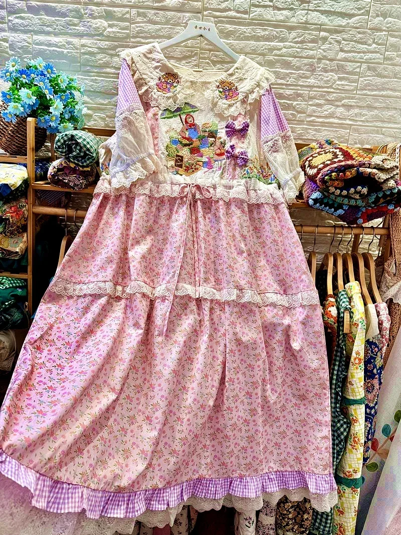 Robe mi-longue en dentelle à volants en coton vintage, tunique rétro chic, douce robe de soirée en dentelle patchwork, robe longue Lolita japonaise Mori Girl, été