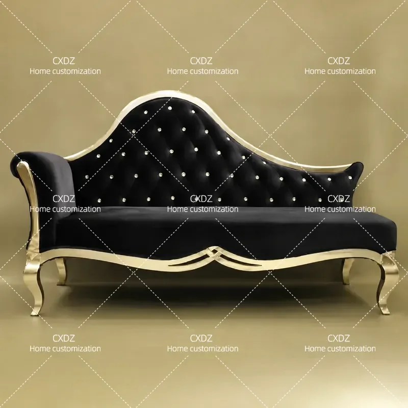 French Light Luxury Black Velvet Chair European Gold Painted Button Tufted Beauty Couch Living Room Bedroom Sofa Recliner