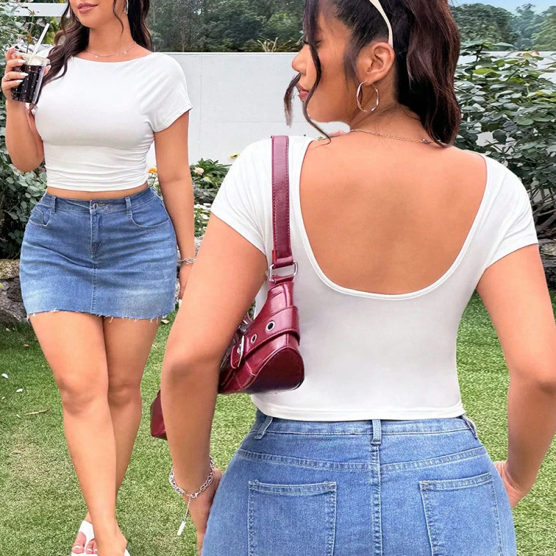 Женская горячая распродажа больших размеров, новая летняя универсальная футболка простого стиля с дизайном с открытой спиной, облегающим топом и коротким рукавом