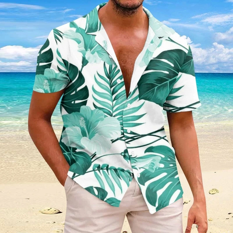 Camisa havaiana de manga curta masculina, camisas de flores de praia, estampadas em 3D, tops de moda masculina, 5XL, 2024