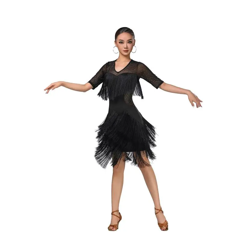 Women Half Sleeve Latin Dance Dress Female Tassel Fringe Competition Stage Performance Costumes Sheer Mesh Top Clothes