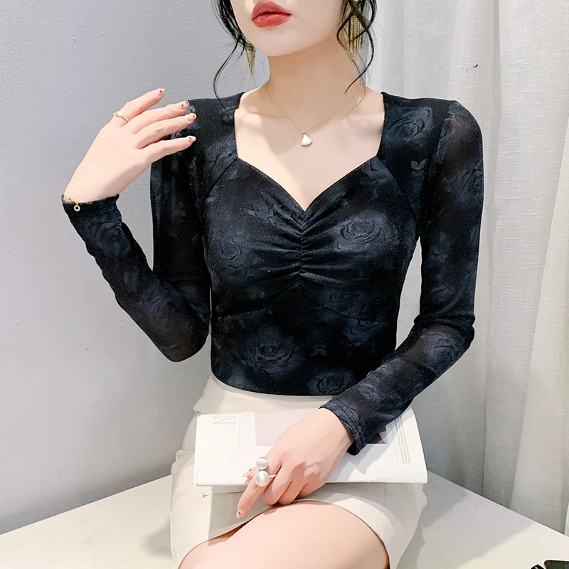 Black Korean Style Fall Winter Mesh T-Shirt Chic Sexy V-Neck Print Flower Draped Women Tops Long Sleeve Slim Tees 2024 New 49210