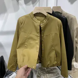 Round Neck Jacket Women's New Spring And Autumn 2023 Hem Wrinkled Design Short Jacket