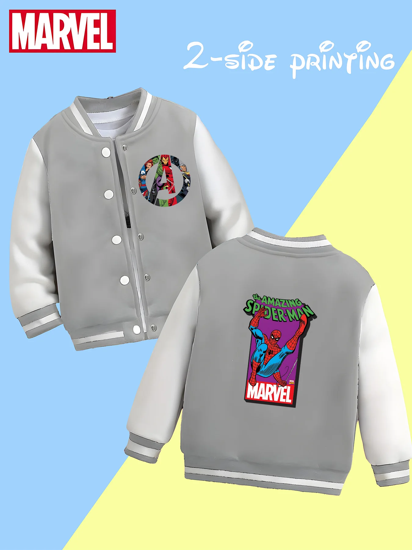 MINISO Marvel Boys Baseball Jacket - Spider-Man retro double-sided pattern design, soft and comfortable fabric, fashionable and