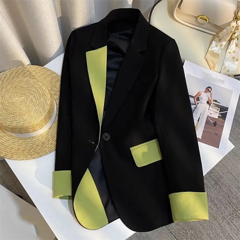 

Осенние женские модные лоскутные топы, пальто в стиле ретро, женский костюм для отдыха с длинными рукавами, верхняя одежда, 2025 г., женский пиджак контрастного цвета, куртка