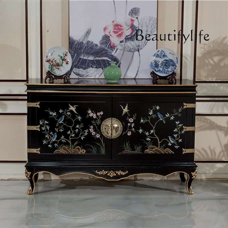 New Chinese-style foyer furniture, solid wood hand-carved black piano paint, entrance cabinet